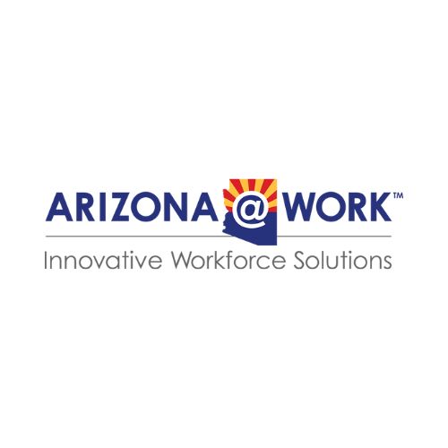 Blue “ARIZONA\@WORK” logo with a sunburst and state outline above “Innovative Workforce Solutions”
