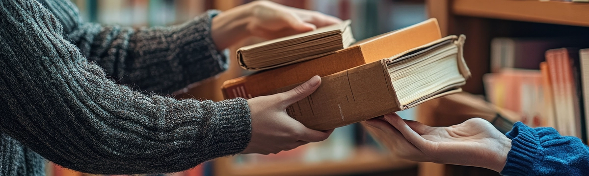 person handing another person a stack of books