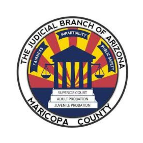 Circular emblem with courthouse pillars, balanced scales, and text for the Judicial Branch of Arizona in Maricopa County