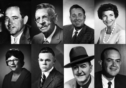 Black-and-white collage of eight historical portrait photos showing men and women in formal attire arranged in two rows of four, likely past civic leaders or officials.