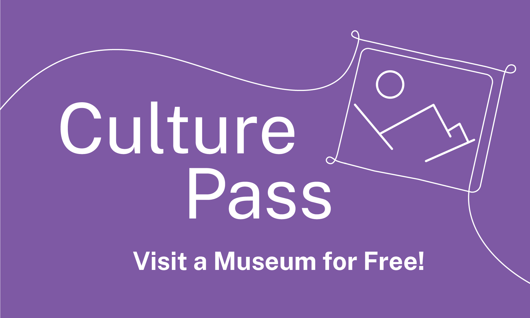 Line drawing of a framed picture with text: Culture Pass – Visit a Museum for Free!
