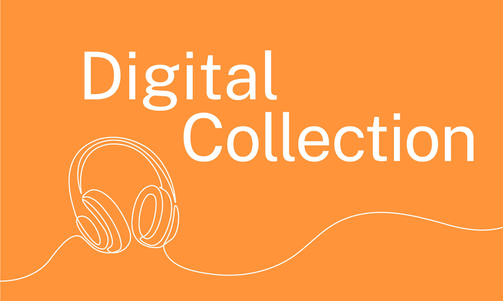 Line drawing of headphones with text: Digital Library on a teal background.
