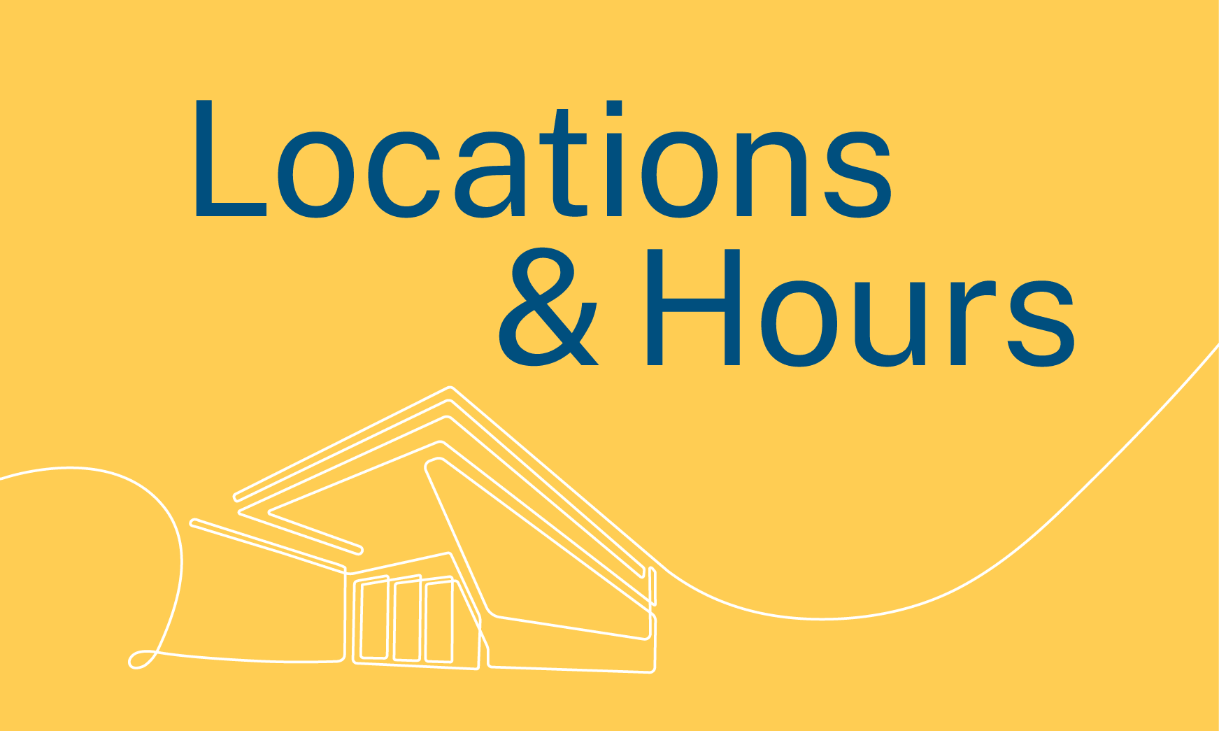 Locations and Hours banner with a line drawing of a modern library building.