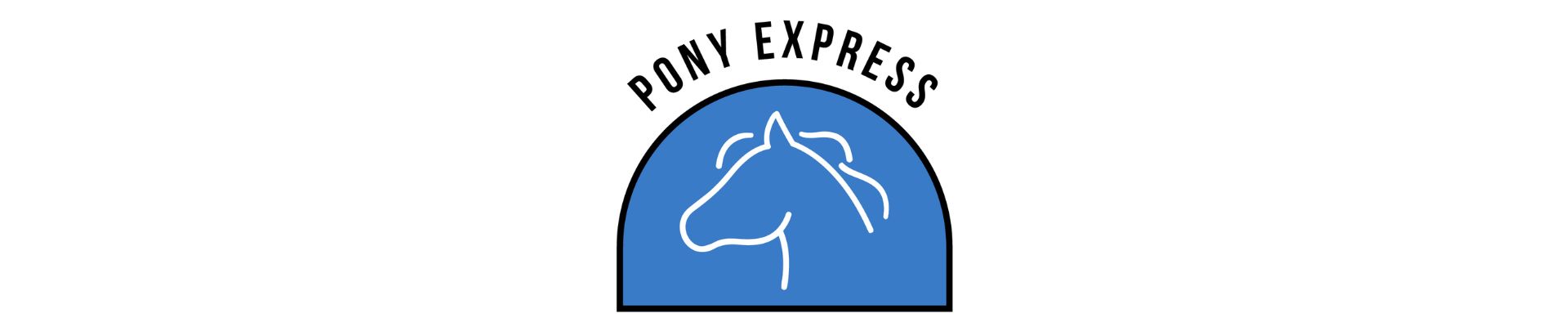 Image of a silhouette of a horse, on a blue background with the words pony express on top.