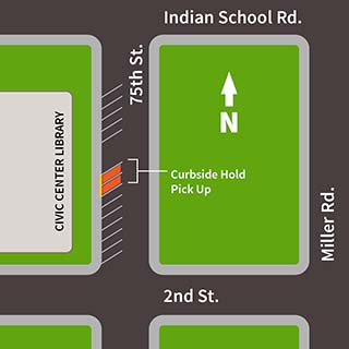 Map showing Civic Center Library and Curbside Hold Pick Up location on 75th St.