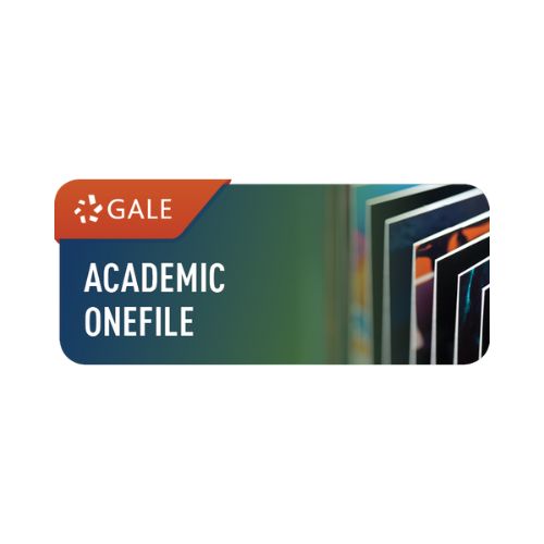 Orange GALE banner with “ACADEMIC ONEFILE” beside a stack of upright magazines or journals