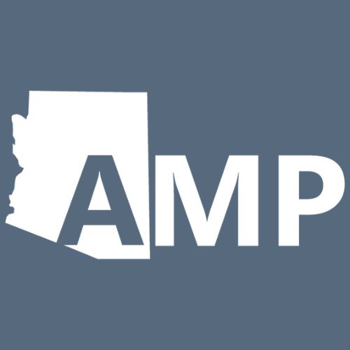 White outline of Arizona shape with large white “AMP” text on a blue background
