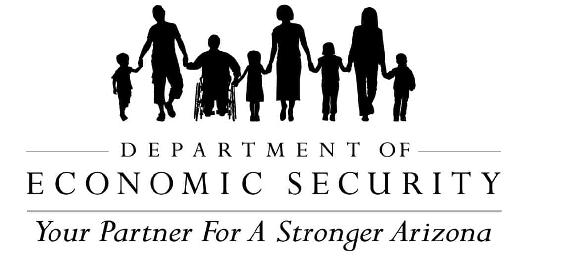 Silhouetted group of people holding hands above the text “Department of Economic Security” and the tagline “Your Partner For A Stronger Arizona”
