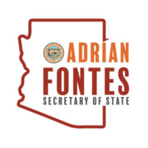 Outline of Arizona with text “Adrian Fontes Secretary of State” and a circular seal above “Adrian”
