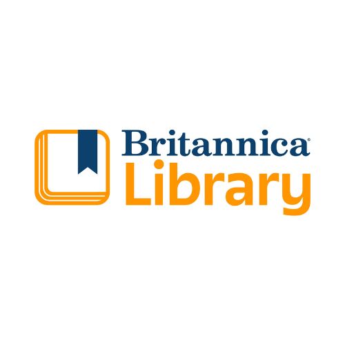 Blue and orange “Britannica Library” logo with an open book icon on the left