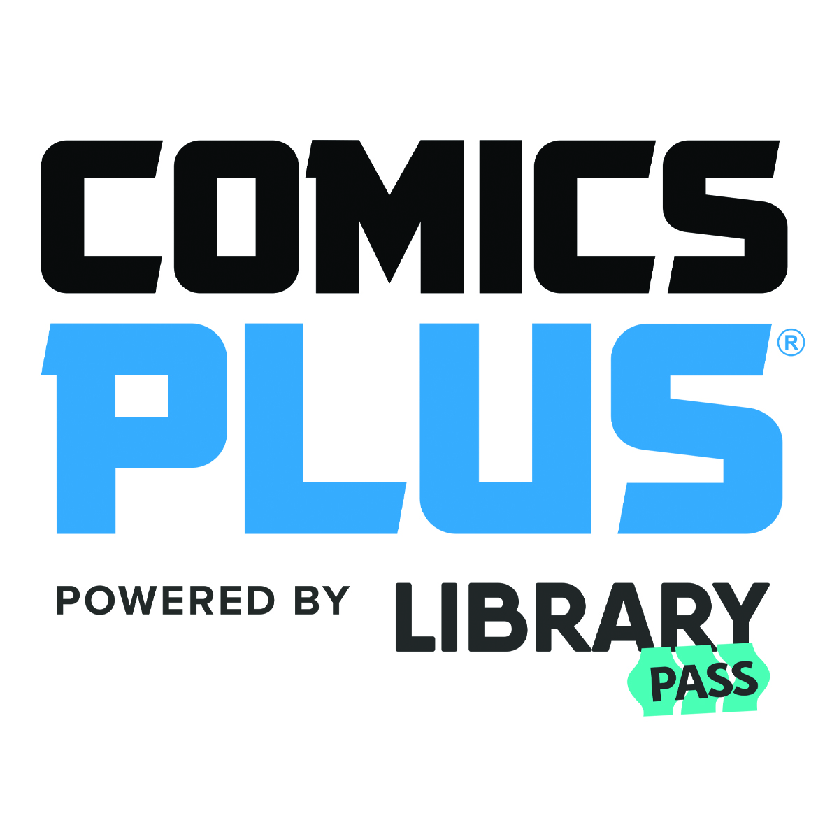 Black and blue “Comics Plus” logo with “Powered by Library Pass” text at the bottom