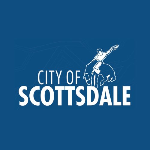 Blue background with white “City of Scottsdale” text and a rider atop a horse holding a hat