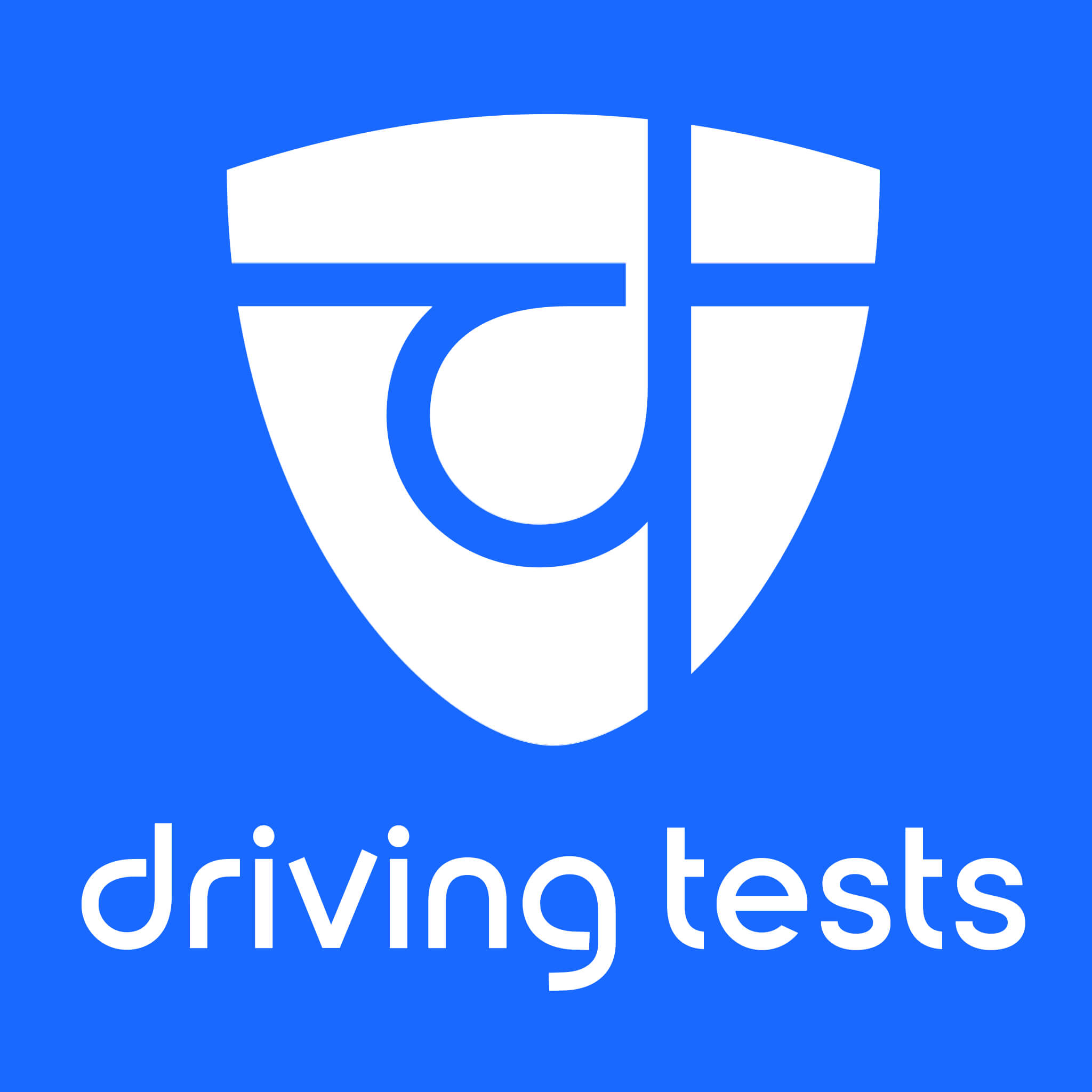 Blue background with a white shield logo containing a stylized “d” above the words “driving tests”