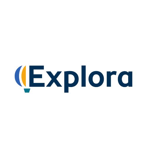 Blue and gold balloon-shaped icon beside the word “Explora” in dark blue text