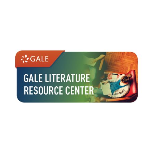 Green “Gale Literature Resource Center” banner with a person sitting in a chair using a laptop