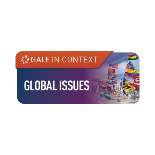 Orange “Gale In Context” banner with numerous international flags beside “Global Issues” text