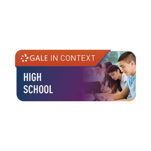 Orange “Gale In Context” banner with students working on laptops beside “High School” text