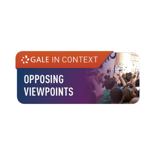 Orange “Gale In Context” banner with a crowd of people raising hands beside “Opposing Viewpoints” text