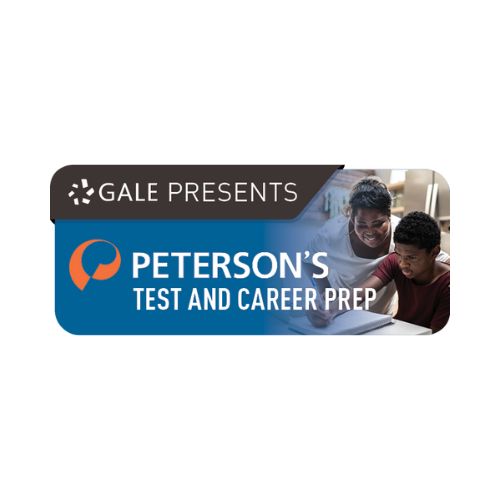 Blue “Gale Presents” banner with “Peterson’s Test and Career Prep” beside two people working together
