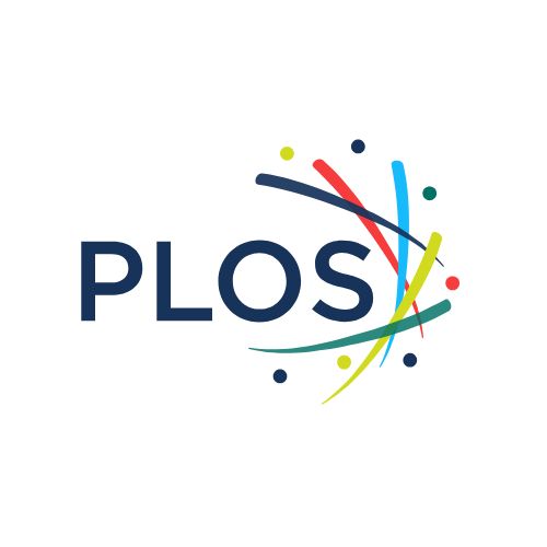 Navy “PLOS” logo with colorful curved lines and dots surrounding the text