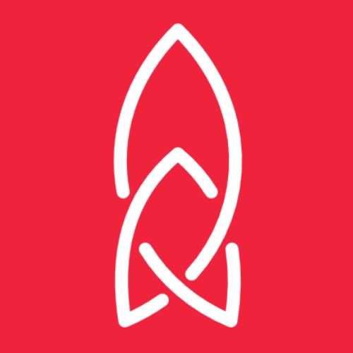 White abstract interlocking line shapes forming a vertical emblem on a red background