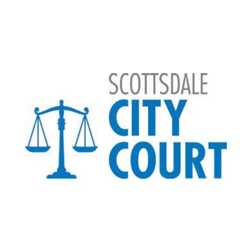 Blue logo with balanced scales beside the words “Scottsdale City Court”