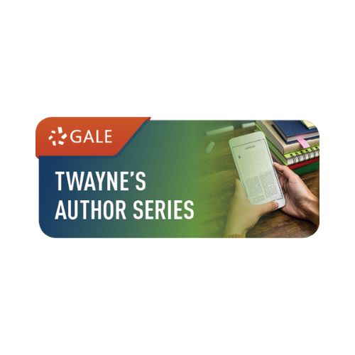 Green “Gale Twayne’s Author Series” banner with a person holding an e‑reader near stacked books