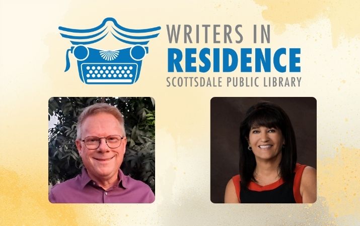 Writers in Residence logo above photos of a man and a woman.