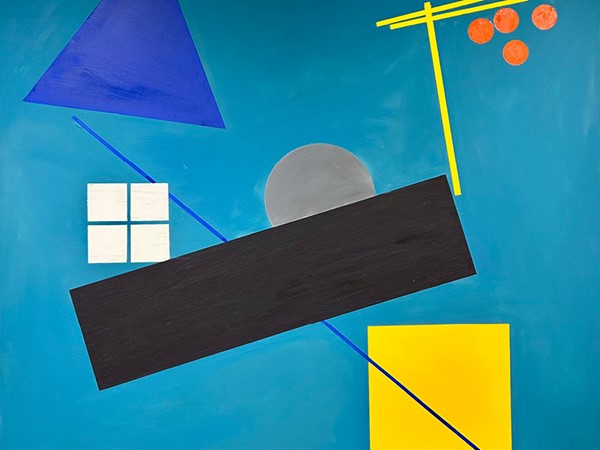 Abstract geometric painting with overlapping shapes, including a black diagonal rectangle, blue and yellow blocks, a gray semicircle, white squares, and small red circles on a blue background.