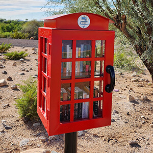 small red phone booth looking book box