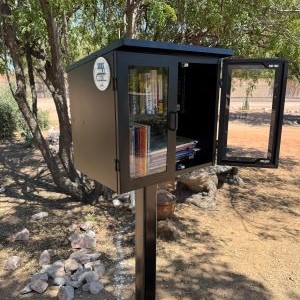 Black little free library box on a post outdoors with an open door showing books inside.