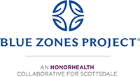 Blue Zones Project logo with circular blue symbol and HonorHealth Scottsdale tagline below